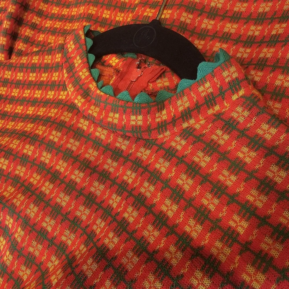 1970s Vintage Orange-Red Green Gen-way Cali Waistband RicRac Mini Dress Dress #3